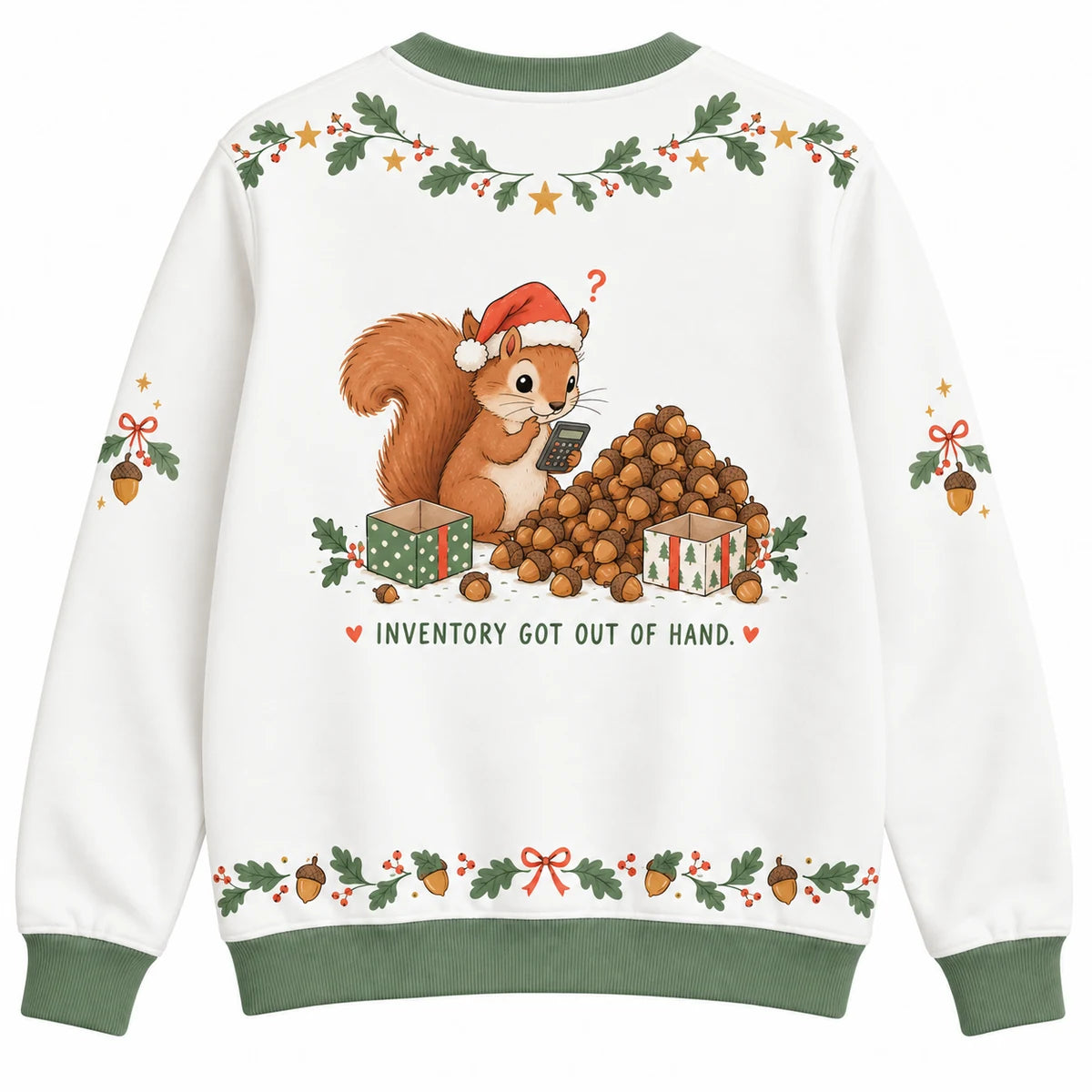 Nuts About Giving Ugly Christmas Sweater - Christmas Jumper (back): squirrel uses calculator overwhelmed by acorns