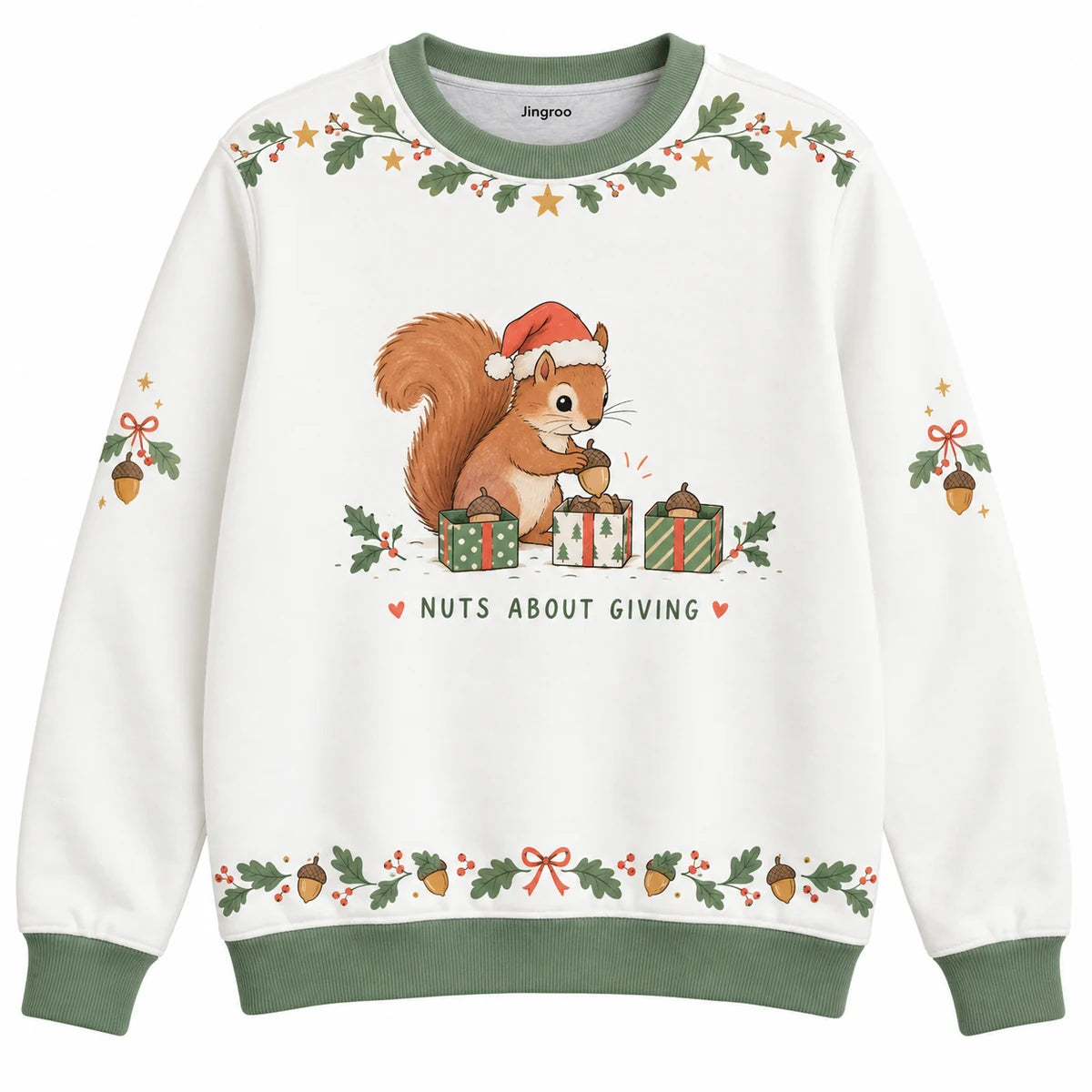 Nuts About Giving Ugly Christmas Sweater - Christmas Jumper (front): squirrel sorts acorns into tiny gift boxes