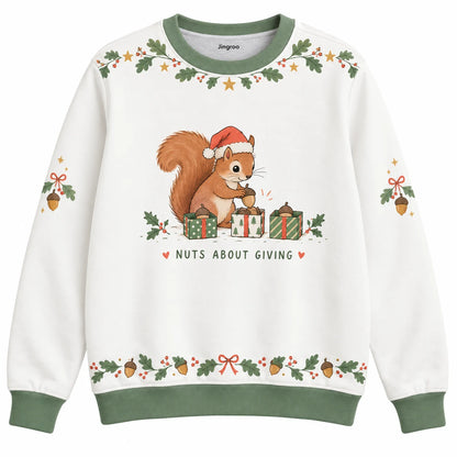 Nuts About Giving Ugly Christmas Sweater - Christmas Jumper (front): squirrel sorts acorns into tiny gift boxes
