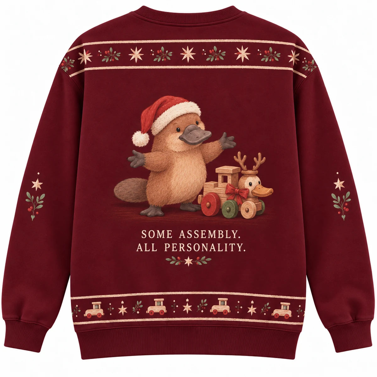 Oddly Qualified Ugly Christmas Sweater - Christmas Jumper (back): platypus proudly presents odd but charming toy hybrid