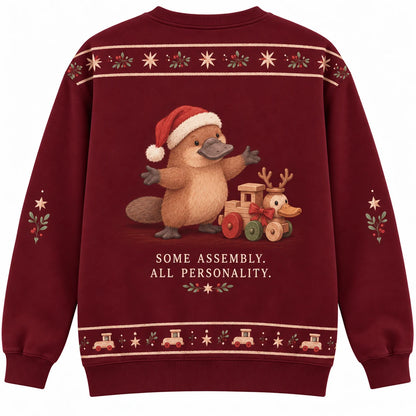 Oddly Qualified Ugly Christmas Sweater - Christmas Jumper (back): platypus proudly presents odd but charming toy hybrid