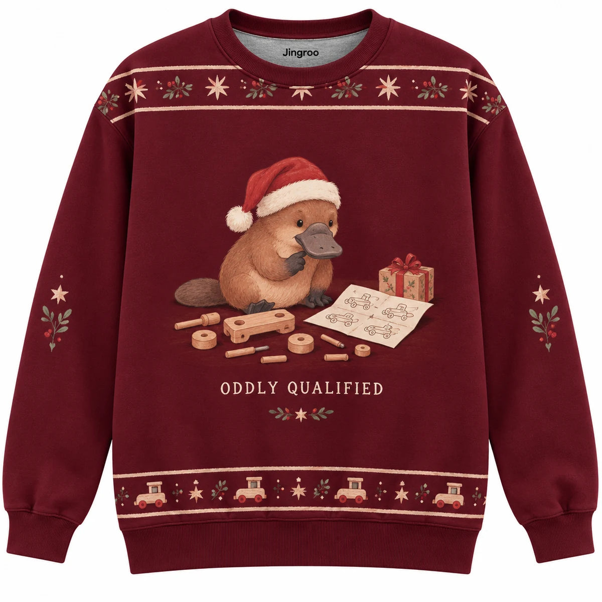 Oddly Qualified Ugly Christmas Sweater - Christmas Jumper (front): platypus Santa looks at unassembled toy