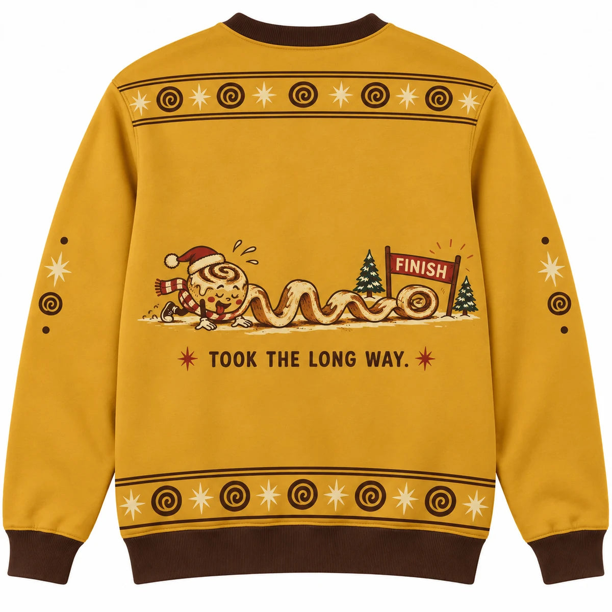 On a Holiday Roll Ugly Christmas Sweater - Christmas Jumper (back): roll unravels long spiral across finish line