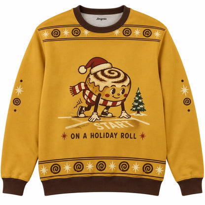 On a Holiday Roll Ugly Christmas Sweater - Christmas Jumper (front): cinnamon roll in scarf starts slow race