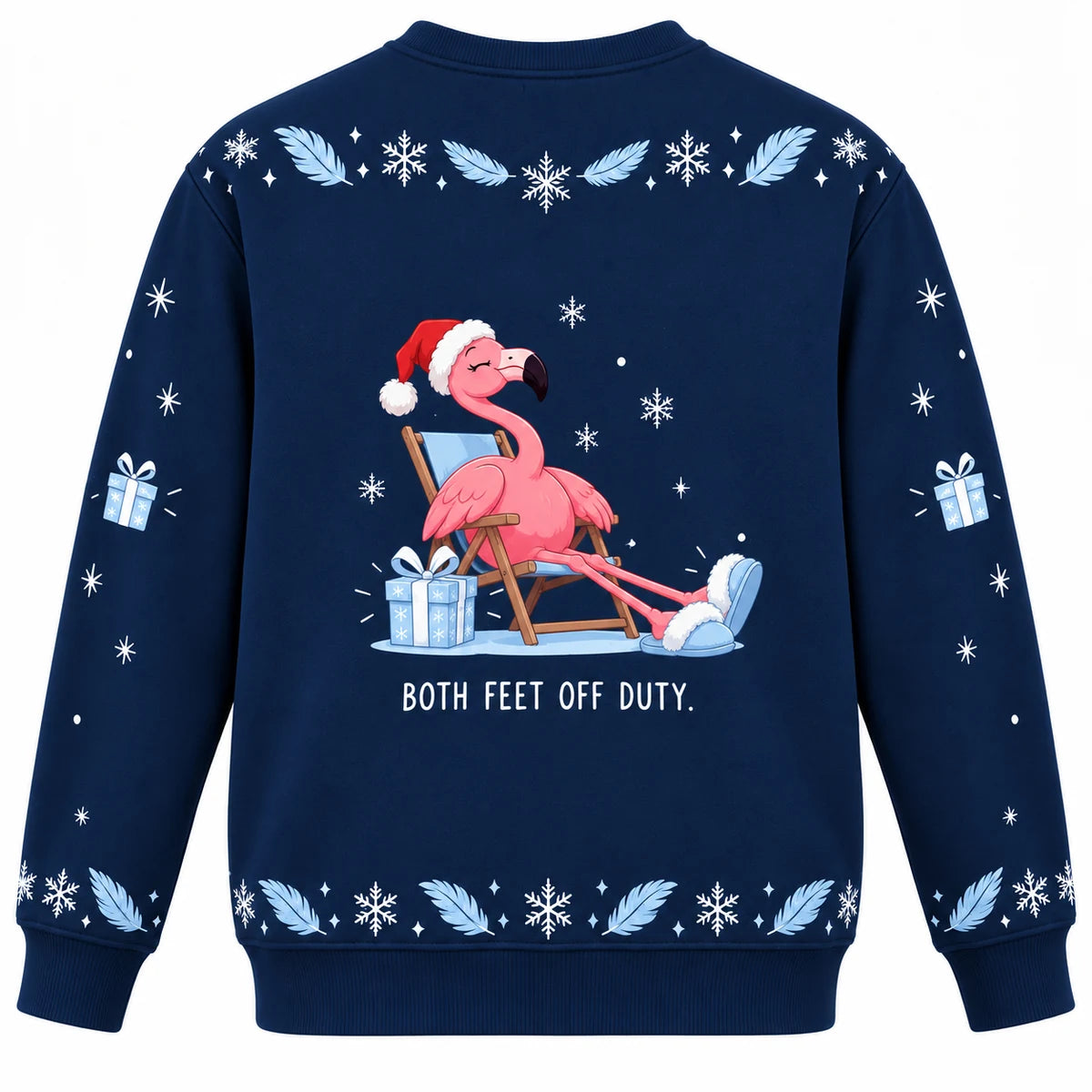 One Leg All the Festive Ugly Christmas Sweater - Christmas Jumper (back): flamingo seated exhausted with both feet in slippers