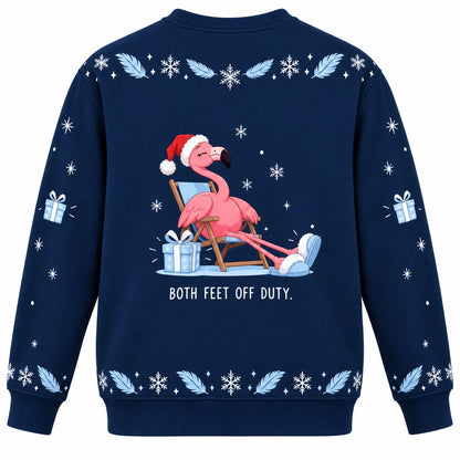 One Leg All the Festive Ugly Christmas Sweater - Christmas Jumper (back): flamingo seated exhausted with both feet in slippers