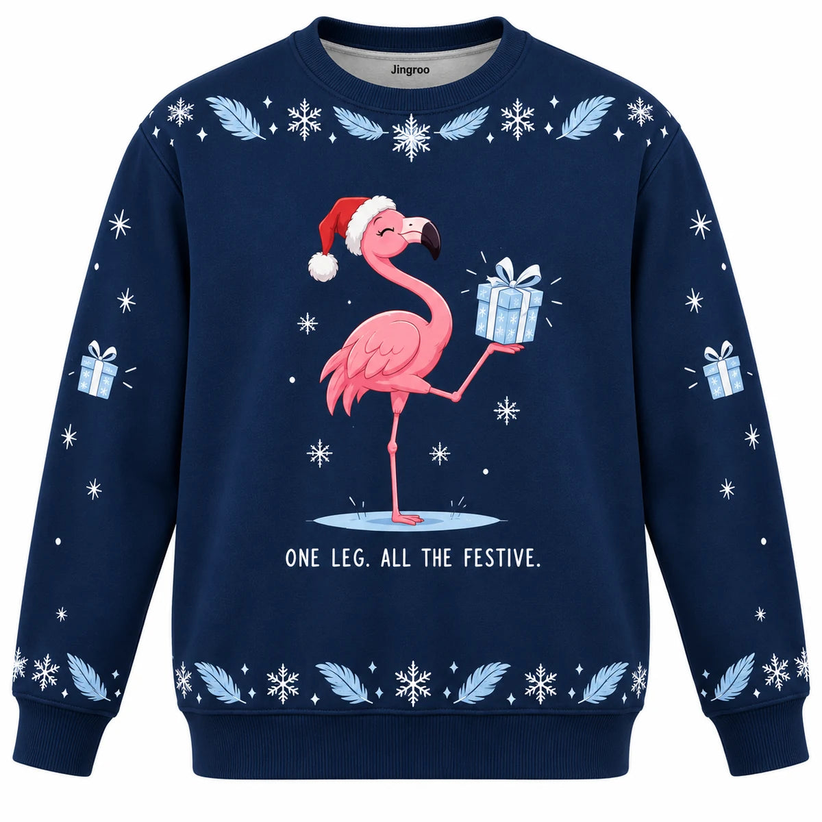 One Leg All the Festive Ugly Christmas Sweater - Christmas Jumper (front): flamingo balances gift on one foot