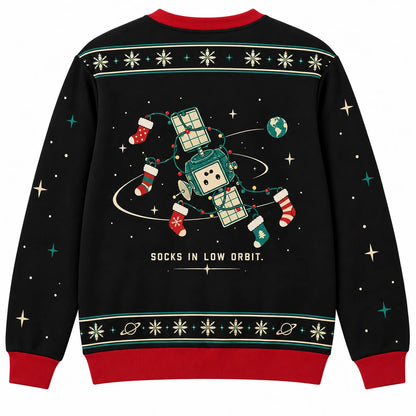 Orbital Gift Service Ugly Christmas Sweater - Christmas Jumper (back): satellite tangled in Christmas stocking orbit
