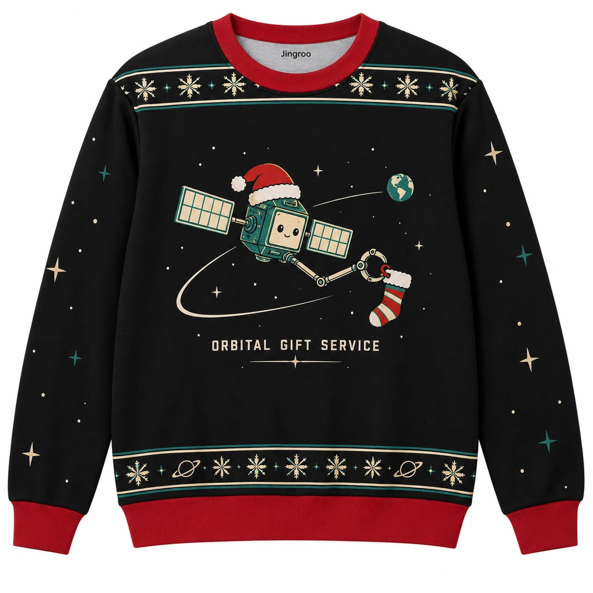 Orbital Gift Service Ugly Christmas Sweater - Christmas Jumper (front): tiny satellite wearing Santa hat catches floating sock