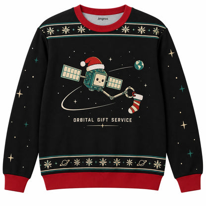 Orbital Gift Service Ugly Christmas Sweater - Christmas Jumper (front): tiny satellite wearing Santa hat catches floating sock