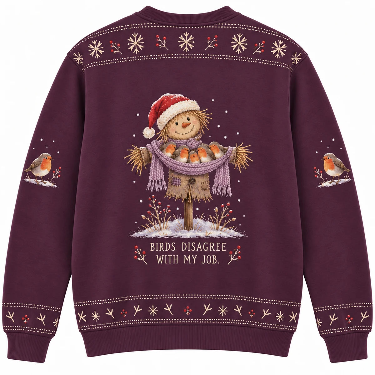 Outstanding in My Field Ugly Christmas Sweater - Christmas Jumper (back): birds use scarf as warm communal blanket