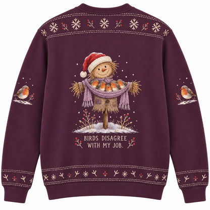 Outstanding in My Field Ugly Christmas Sweater - Christmas Jumper (back): birds use scarf as warm communal blanket