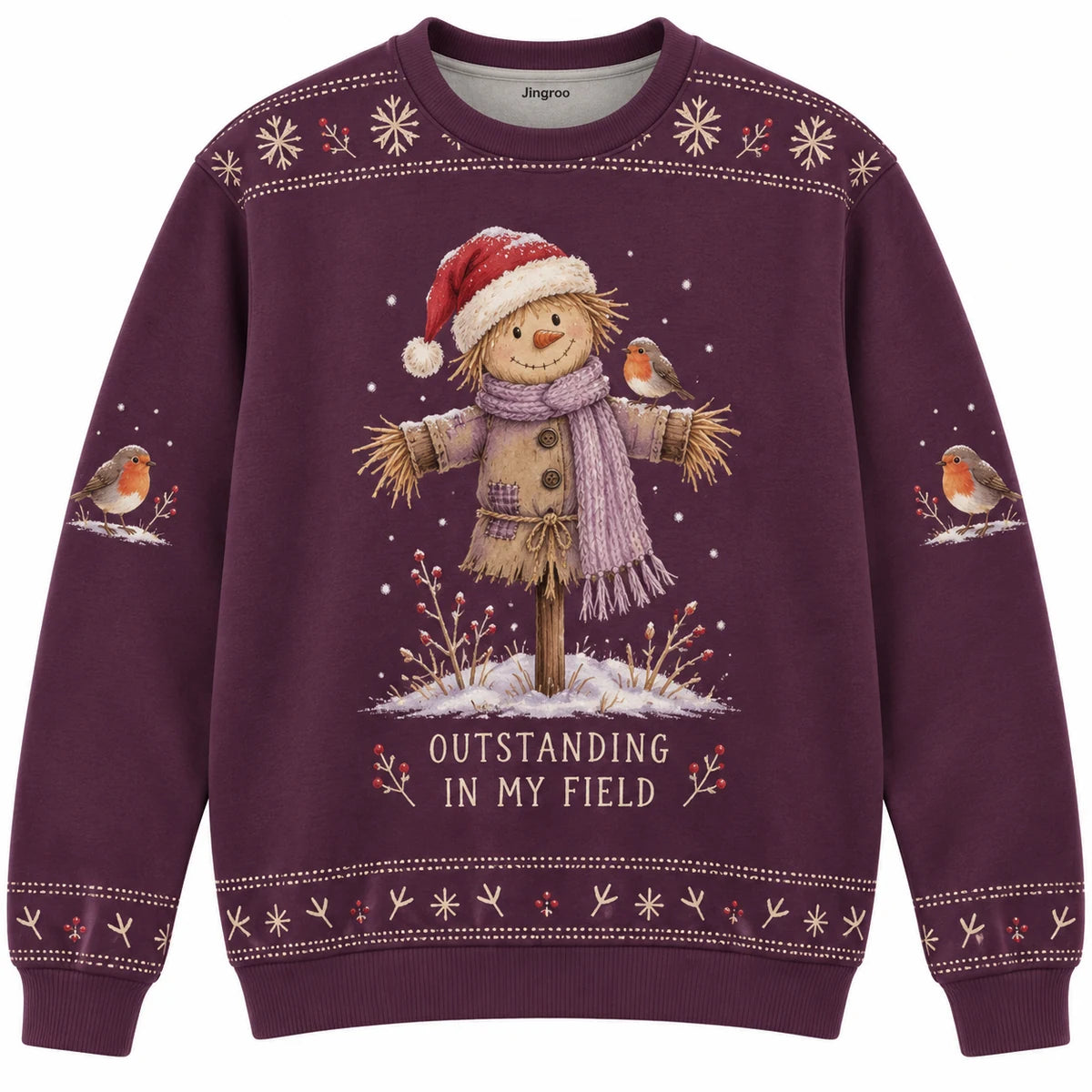 Outstanding in My Field Ugly Christmas Sweater - Christmas Jumper (front): scarecrow wears Santa hat with bird on shoulder