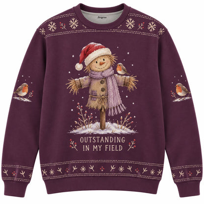 Outstanding in My Field Ugly Christmas Sweater - Christmas Jumper (front): scarecrow wears Santa hat with bird on shoulder