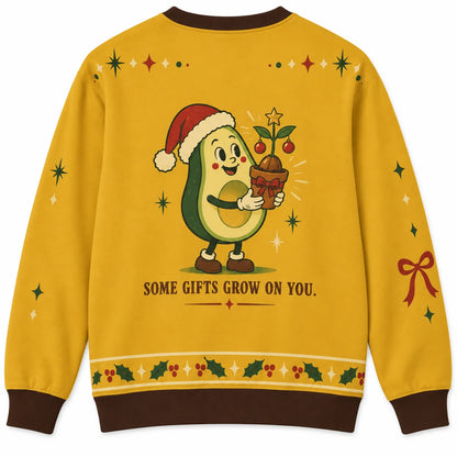 Pit Perfect Present Ugly Christmas Sweater - Christmas Jumper (back): pit grows tiny festive sapling in flowerpot