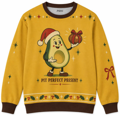 Pit Perfect Present Ugly Christmas Sweater - Christmas Jumper (front): avocado presents pit wrapped with ribbon