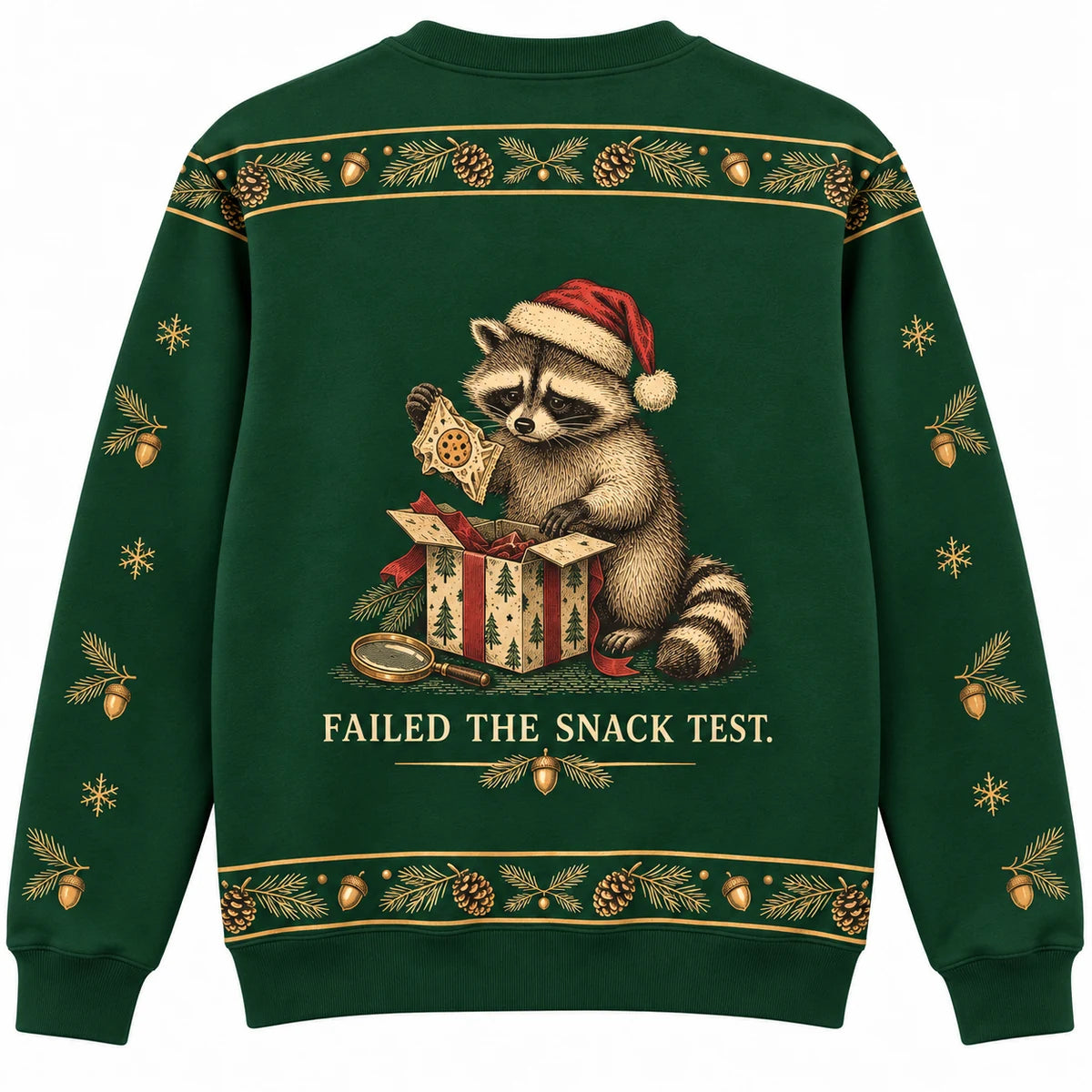 Quality Control Ugly Christmas Sweater - Christmas Jumper (back): raccoon finds empty snack wrapper in gift box