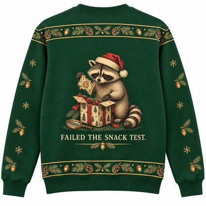Quality Control Ugly Christmas Sweater - Christmas Jumper (back): raccoon finds empty snack wrapper in gift box