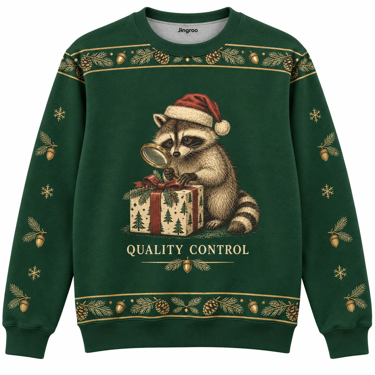 Quality Control Ugly Christmas Sweater - Christmas Jumper (front): raccoon examines wrapped present with magnifying glass