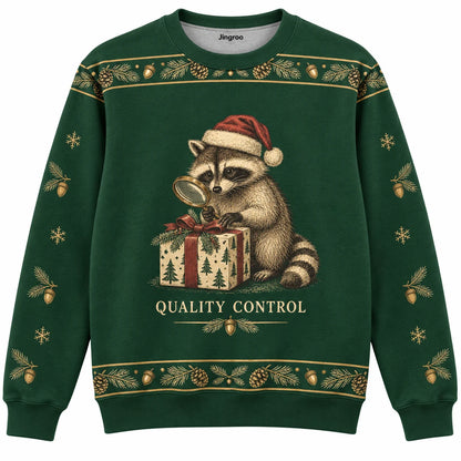 Quality Control Ugly Christmas Sweater - Christmas Jumper (front): raccoon examines wrapped present with magnifying glass