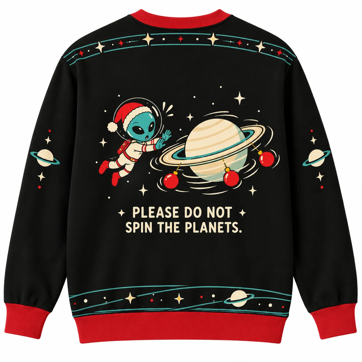 Rings of Cheer Ugly Christmas Sweater - Christmas Jumper (back): alien spins planet as ornament display