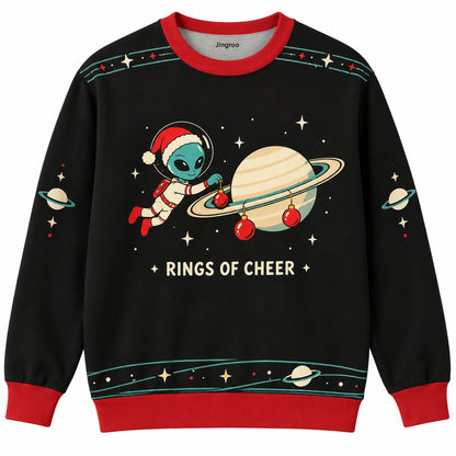 Rings of Cheer Ugly Christmas Sweater - Christmas Jumper (front): alien hangs baubles around Saturn ring