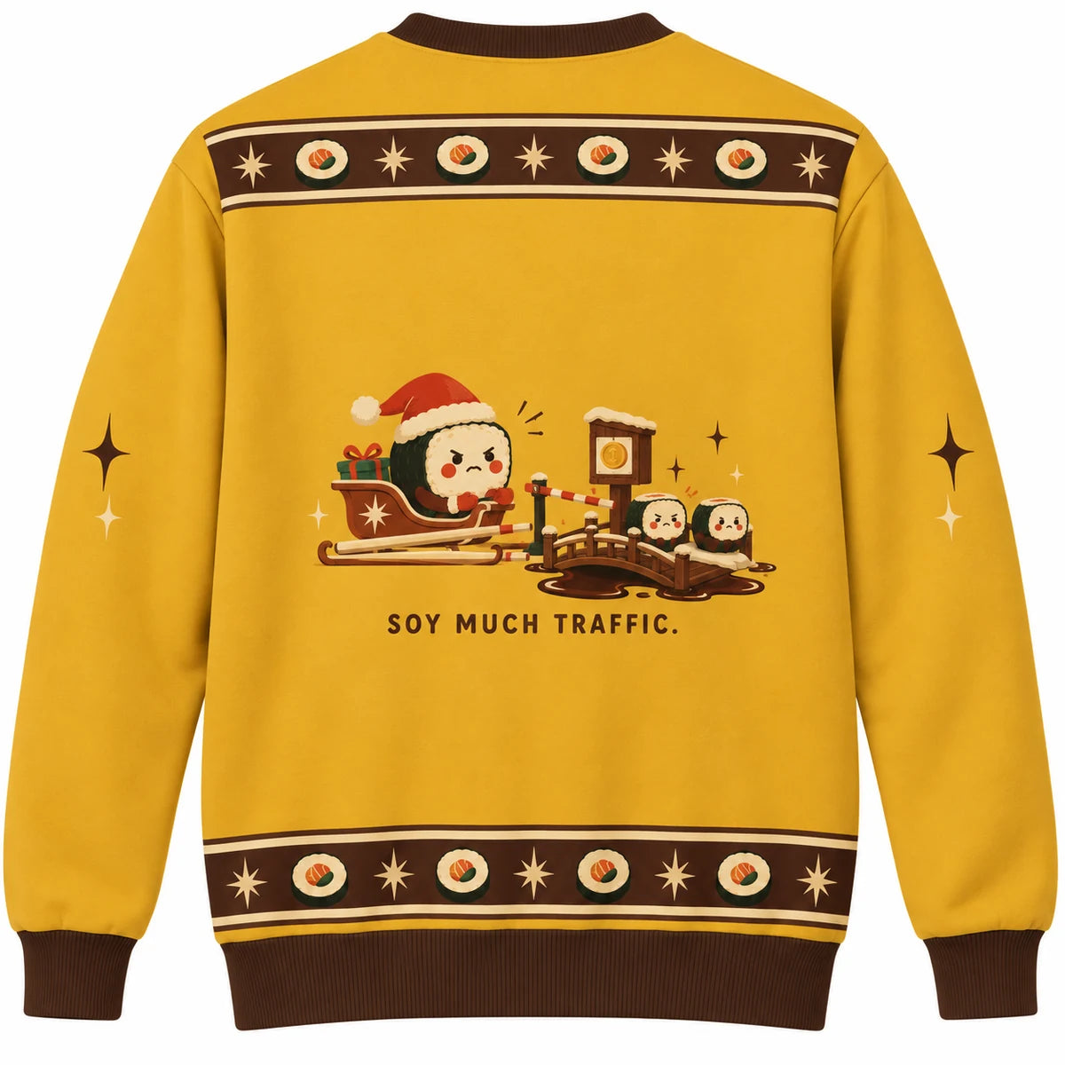 Rolling Into Christmas Ugly Christmas Sweater - Christmas Jumper (back): sleigh stops at soy sauce puddle toll bridge
