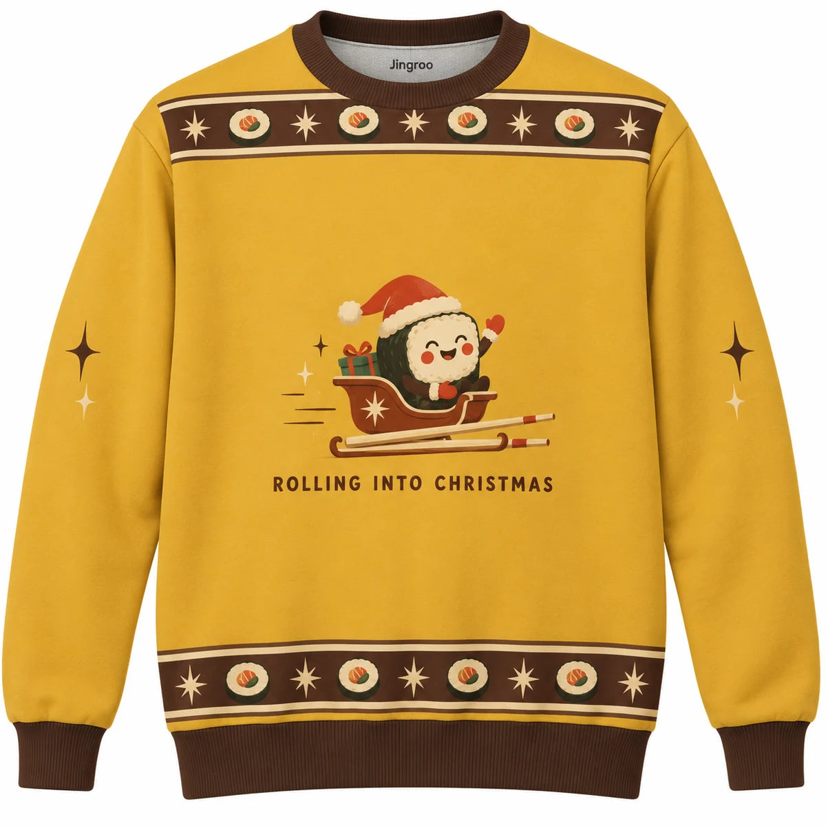 Rolling Into Christmas Ugly Christmas Sweater - Christmas Jumper (front): sushi roll Santa rides small chopstick sleigh
