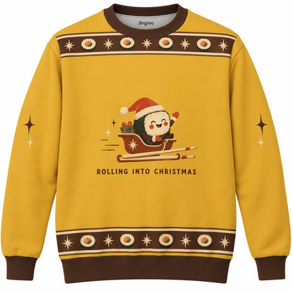 Rolling Into Christmas Ugly Christmas Sweater - Christmas Jumper (front): sushi roll Santa rides small chopstick sleigh