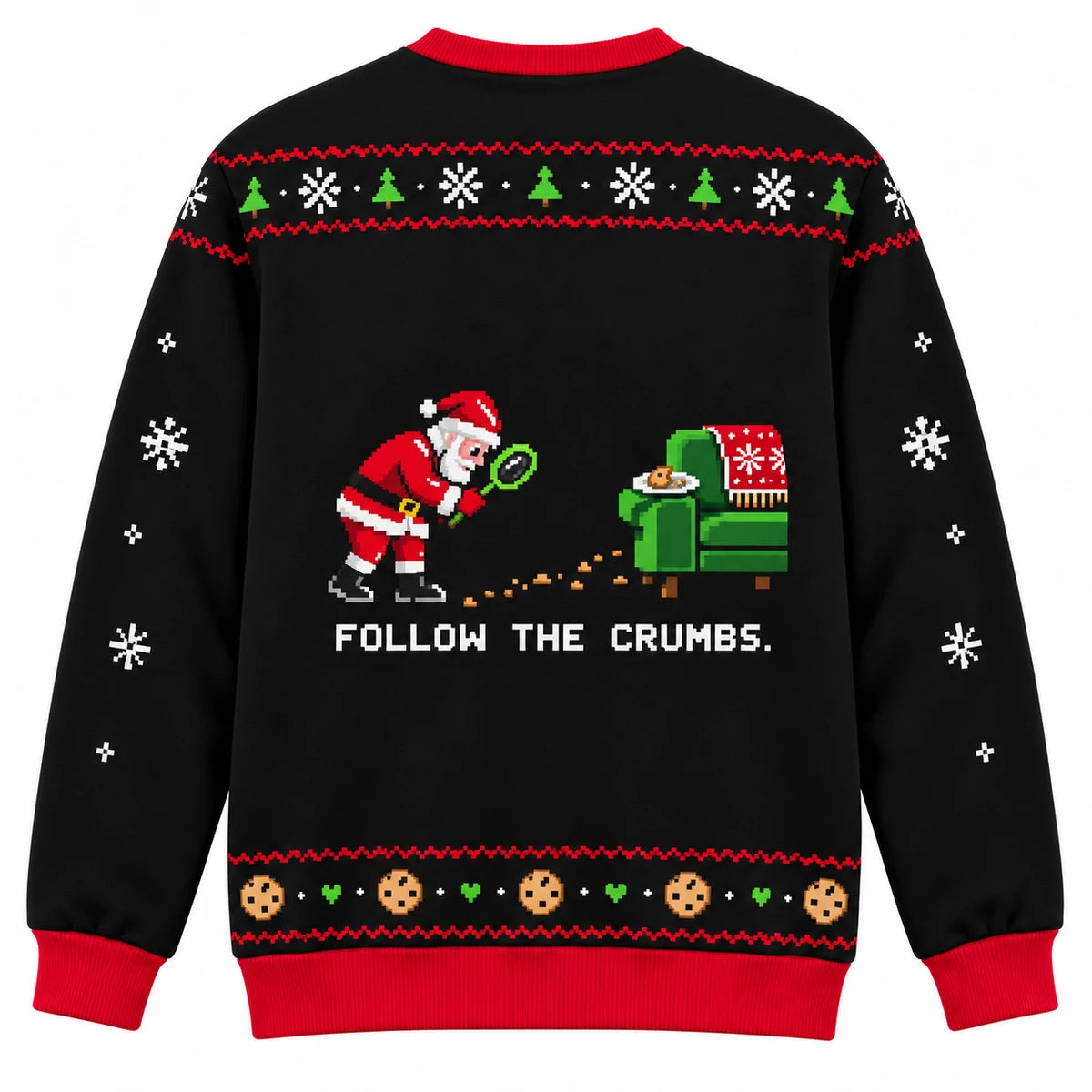 Santa Not Found Ugly Christmas Sweater - Christmas Jumper (back): Santa finds cookie trail to sofa