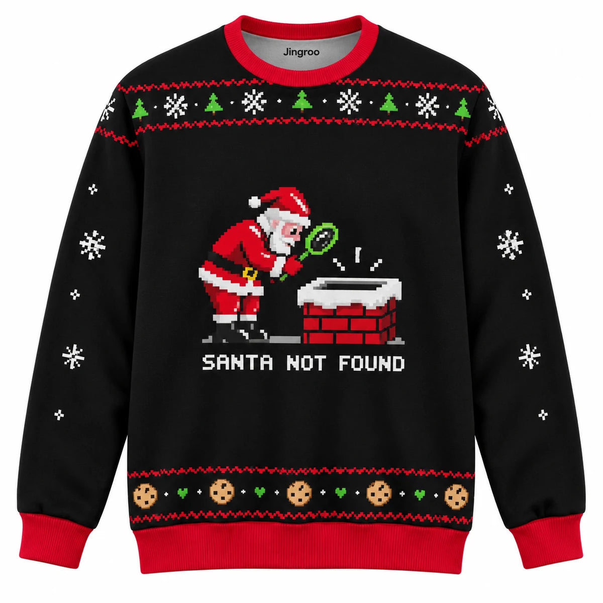 Santa Not Found Ugly Christmas Sweater - Christmas Jumper (front): pixel Santa searches empty chimney using magnifier