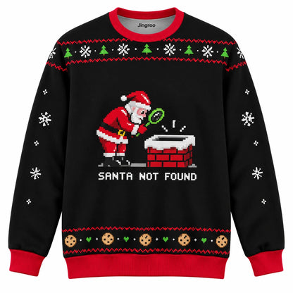 Santa Not Found Ugly Christmas Sweater - Christmas Jumper (front): pixel Santa searches empty chimney using magnifier