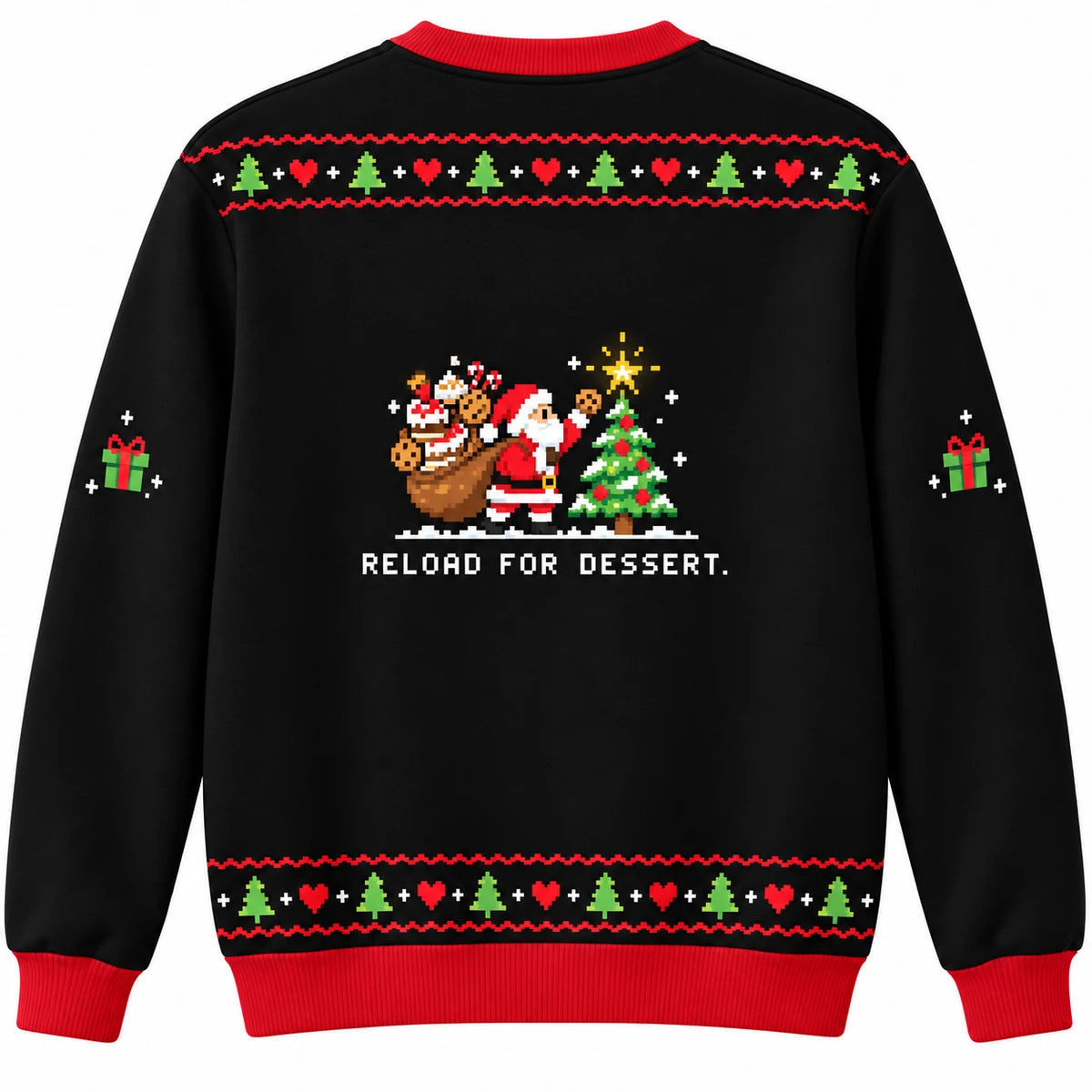 Save Before Dinner Ugly Christmas Sweater - Christmas Jumper (back): pixel Santa returns to same tree with huge sack of loot