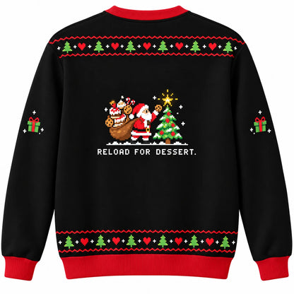 Save Before Dinner Ugly Christmas Sweater - Christmas Jumper (back): pixel Santa returns to same tree with huge sack of loot