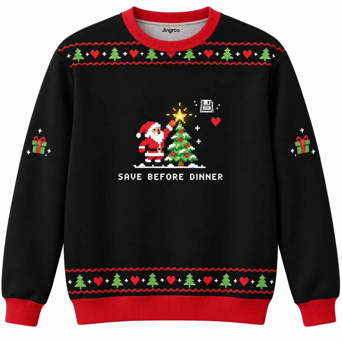 Save Before Dinner Ugly Christmas Sweater - Christmas Jumper (front): pixel Santa saves game at glowing Christmas tree
