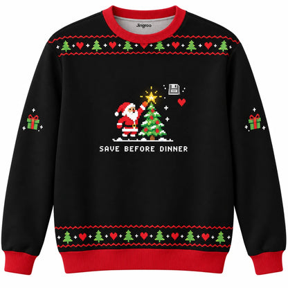 Save Before Dinner Ugly Christmas Sweater - Christmas Jumper (front): pixel Santa saves game at glowing Christmas tree