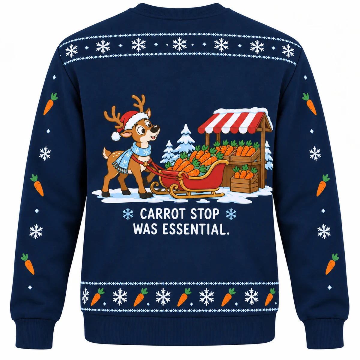 Scenic Route Ugly Christmas Sweater - Christmas Jumper (back): reindeer pulls sleigh into vegetable market