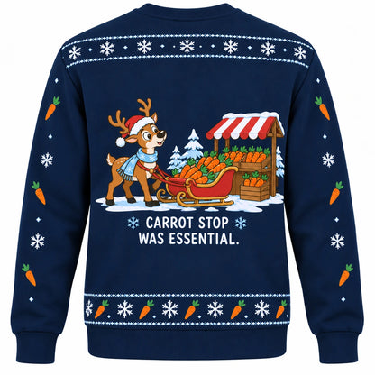 Scenic Route Ugly Christmas Sweater - Christmas Jumper (back): reindeer pulls sleigh into vegetable market