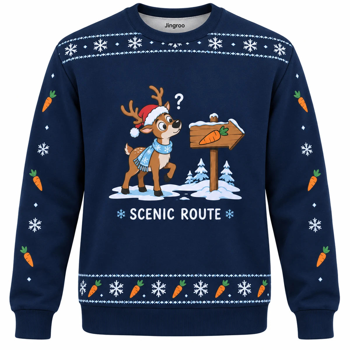 Scenic Route Ugly Christmas Sweater - Christmas Jumper (front): reindeer studies sign pointing toward carrots