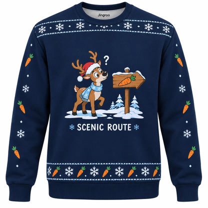 Scenic Route Ugly Christmas Sweater - Christmas Jumper (front): reindeer studies sign pointing toward carrots