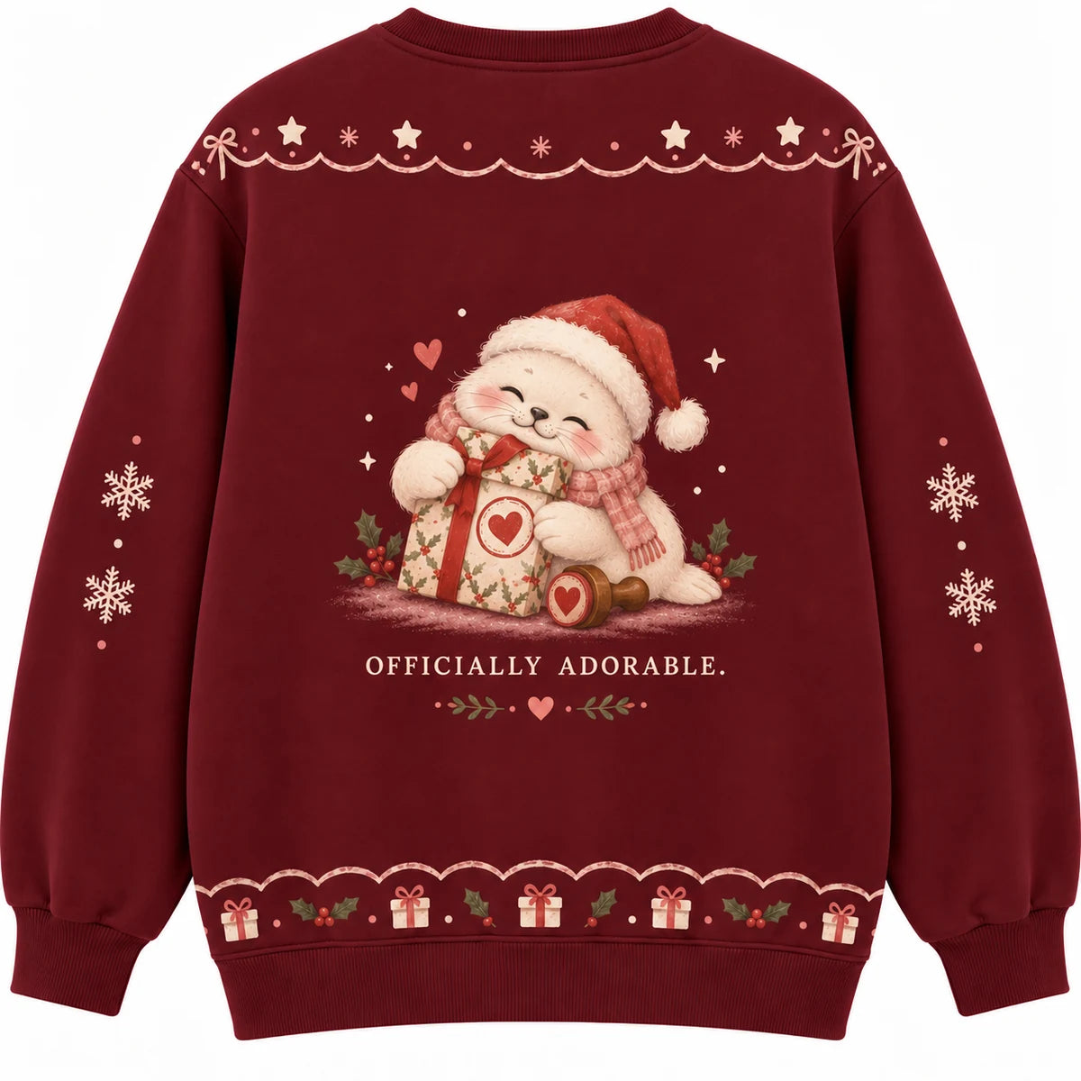 Seal of Approval Ugly Christmas Sweater - Christmas Jumper (back): seal cuddles stamped gift with smug expression
