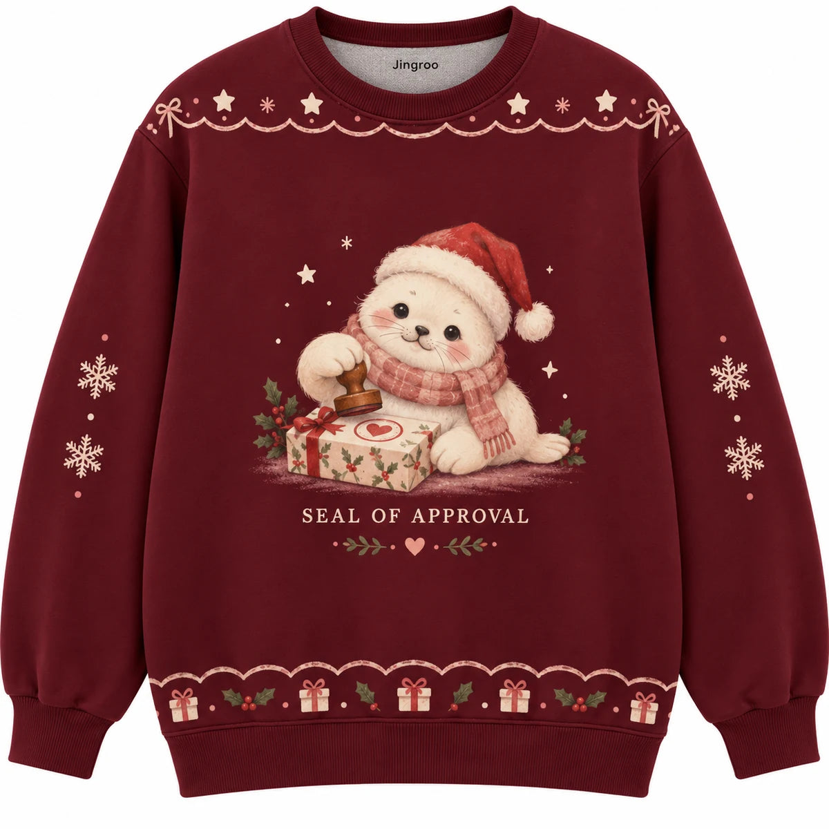 Seal of Approval Ugly Christmas Sweater - Christmas Jumper (front): seal Santa stamps gift using flipper