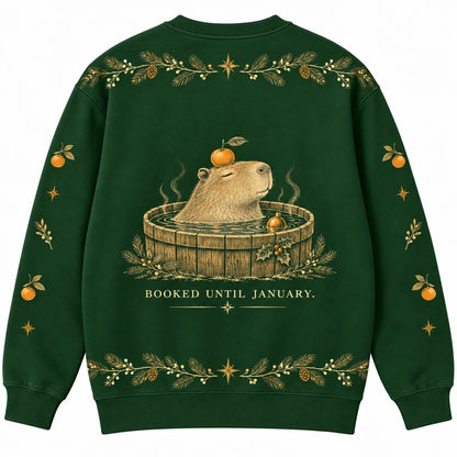 Seasonal Serenity Ugly Christmas Sweater - Christmas Jumper (back): capybara sleeps in little hot tub with floating ornament