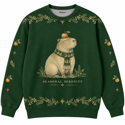 Seasonal Serenity Ugly Christmas Sweater - Christmas Jumper (front): capybara balances tiny Christmas orange on head
