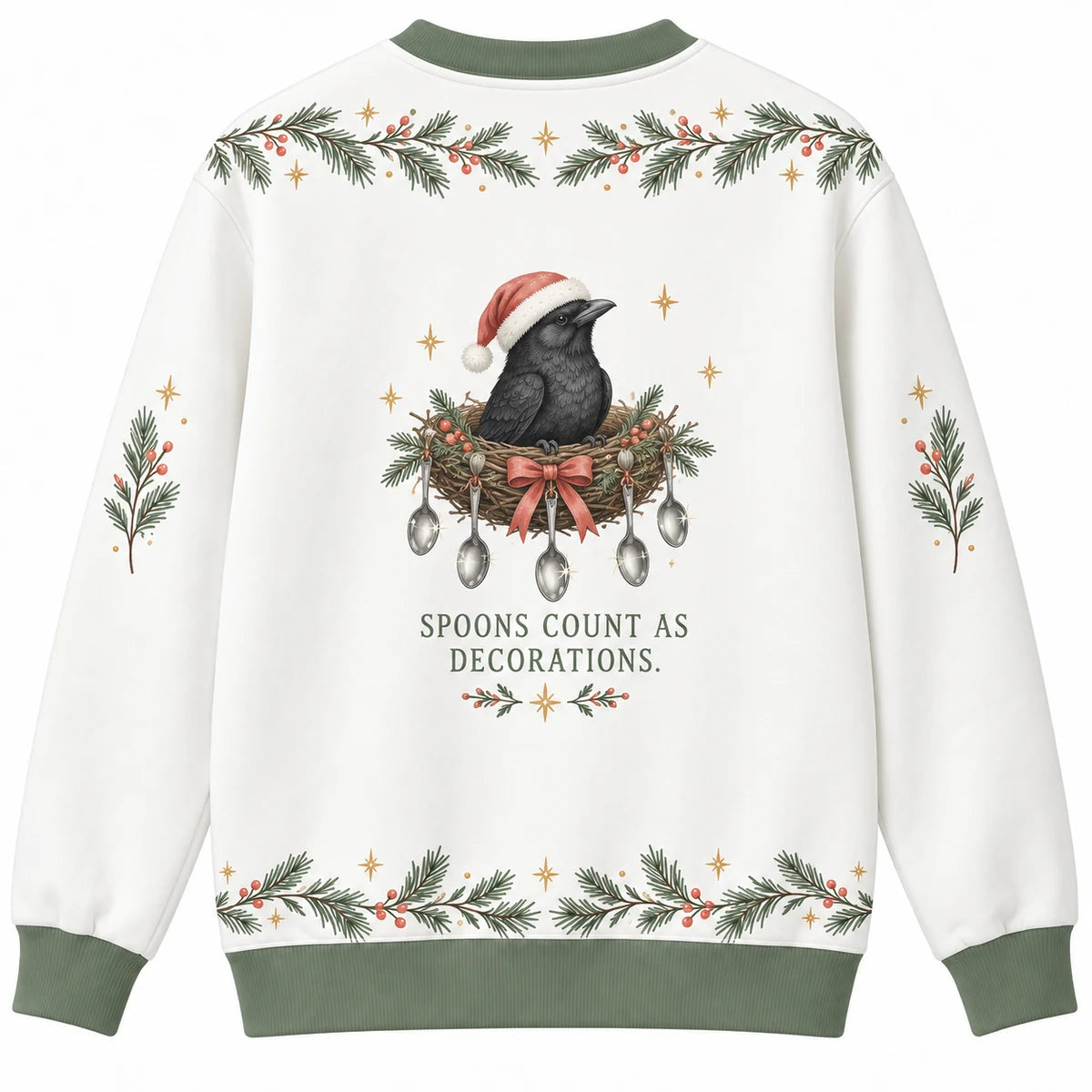 Shiny Gift Expert Ugly Christmas Sweater - Christmas Jumper (back): raven decorated nest entirely in shiny spoons
