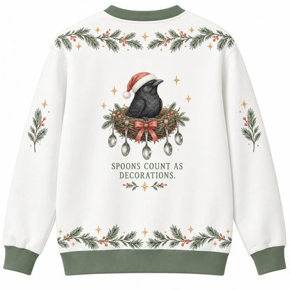 Shiny Gift Expert Ugly Christmas Sweater - Christmas Jumper (back): raven decorated nest entirely in shiny spoons