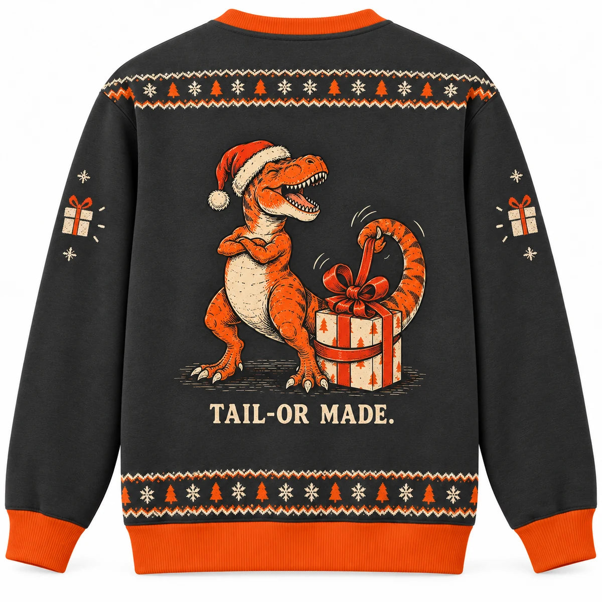 Short Arms Big Plans Ugly Christmas Sweater - Christmas Jumper (back): T-rex proudly wraps gift using tail