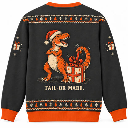 Short Arms Big Plans Ugly Christmas Sweater - Christmas Jumper (back): T-rex proudly wraps gift using tail