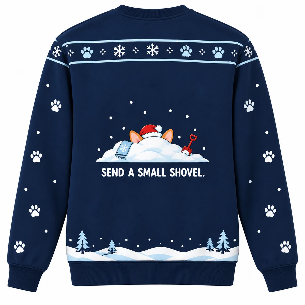 Short Legs Big Cheer Ugly Christmas Sweater - Christmas Jumper (back): only corgi ears stick out behind same snowdrift