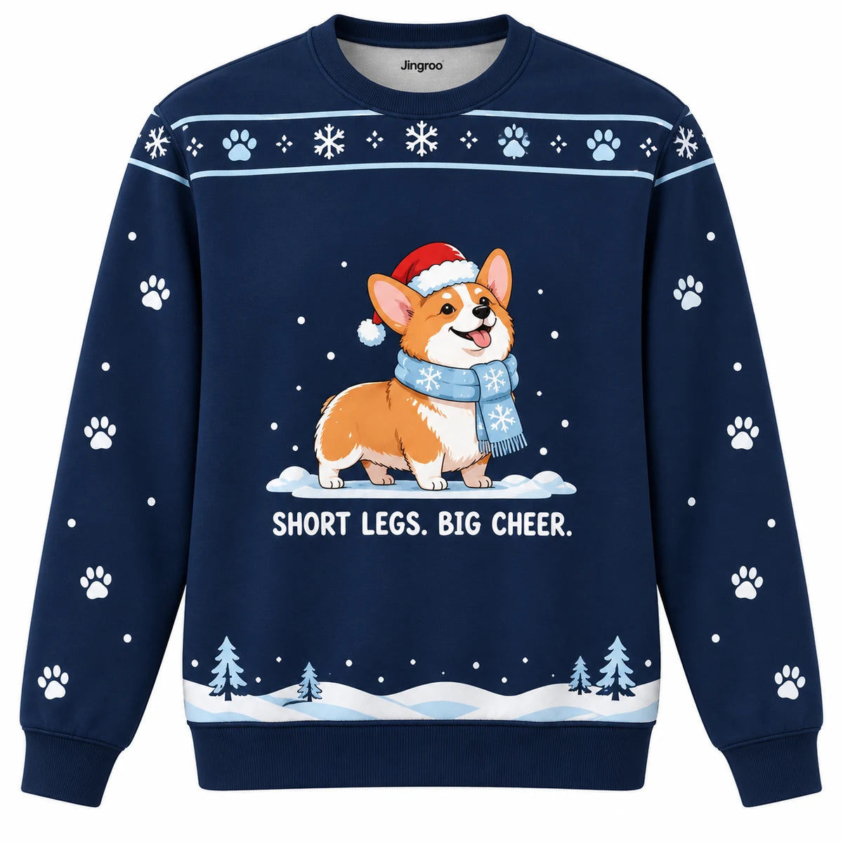 Short Legs Big Cheer Ugly Christmas Sweater - Christmas Jumper (front): corgi in scarf stands proudly beside tiny snowdrift